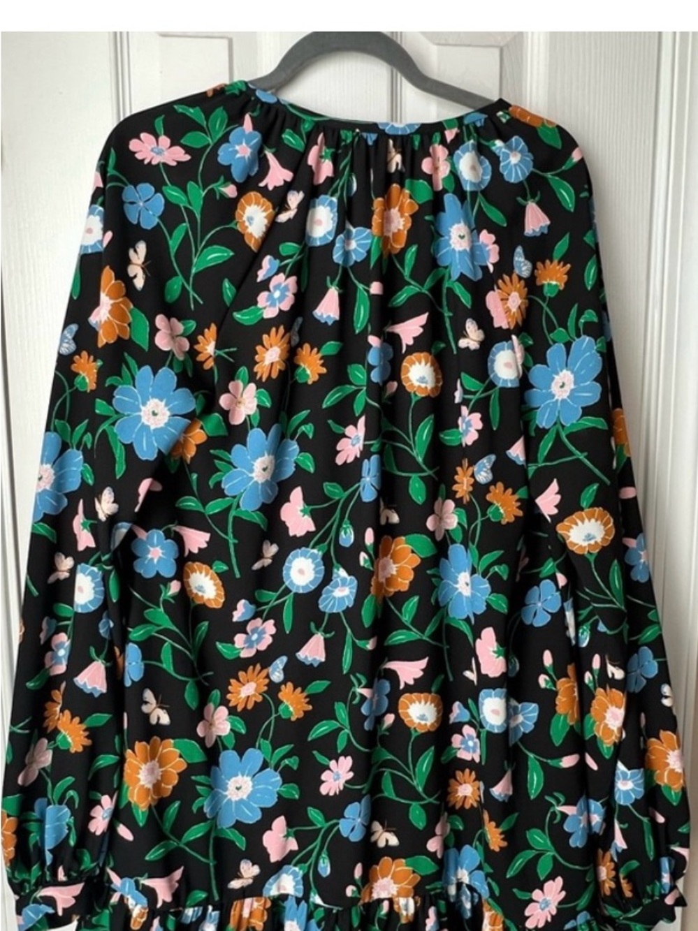 Kate Spade.  Floral Black Long Sleeve Tunic Dress with Blue & Orange Blooms - Picture 2 of 2
